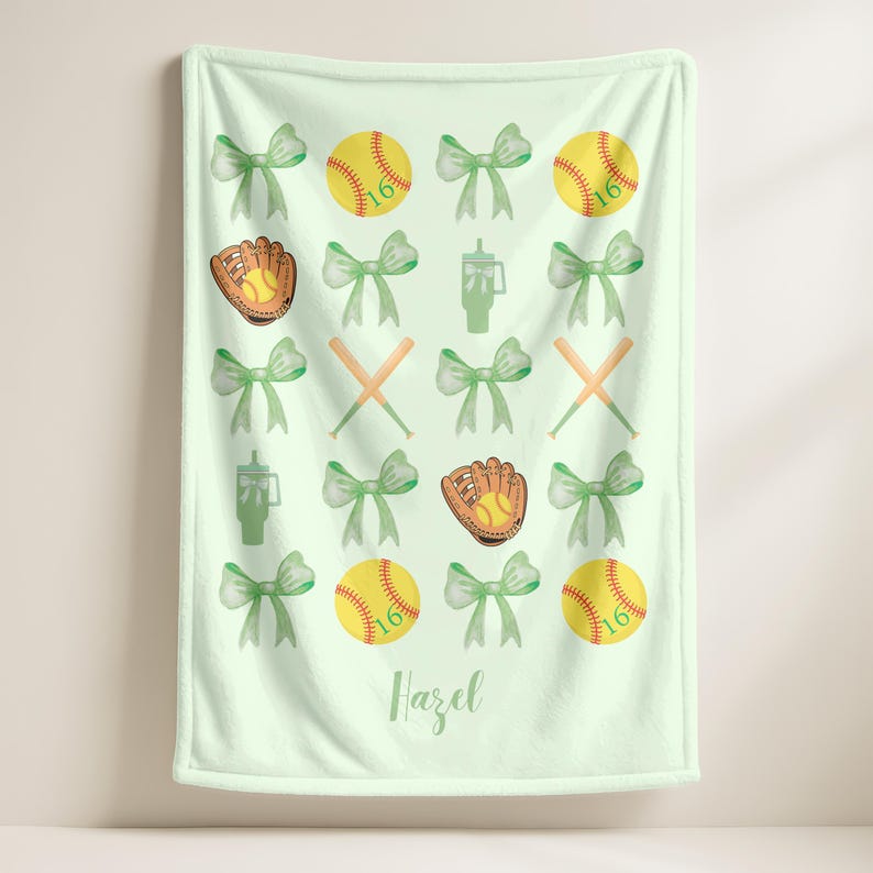 Personalized Softball Name Blanket,Custom Softball Team Blanket,Coquette Bow Baseball Blanket,Softball Mom Blanket,Softball Player Name Gift