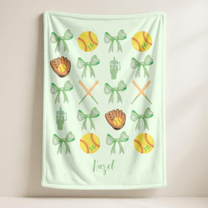 Personalized Softball Name Blanket,Custom Softball Team Blanket,Coquette Bow Baseball Blanket,Softball Mom Blanket,Softball Player Name Gift