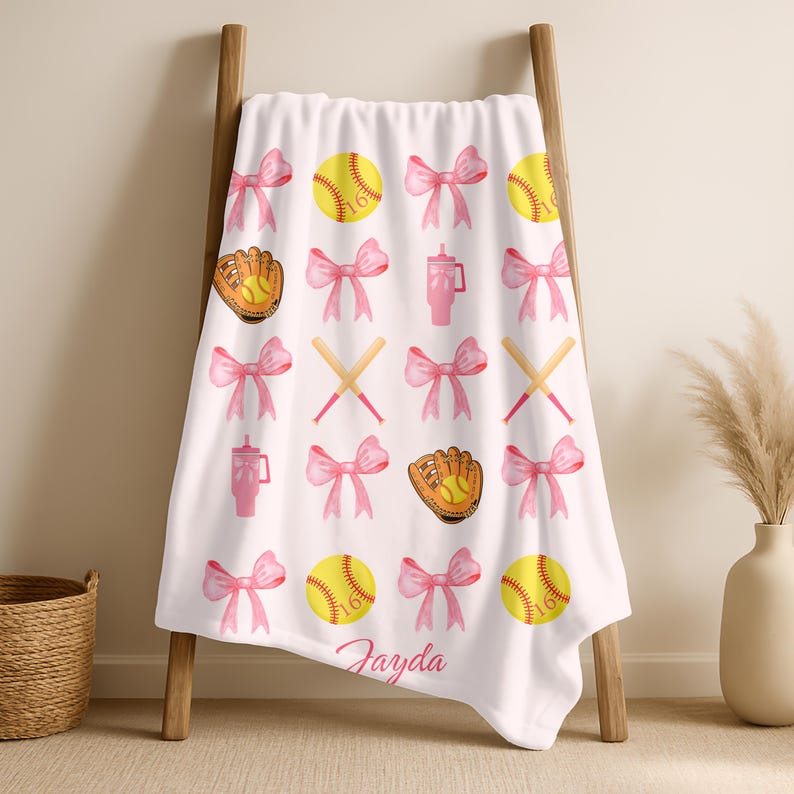 Personalized Softball Name Blanket,Custom Softball Team Blanket,Coquette Bow Baseball Blanket,Softball Mom Blanket,Softball Player Name Gift