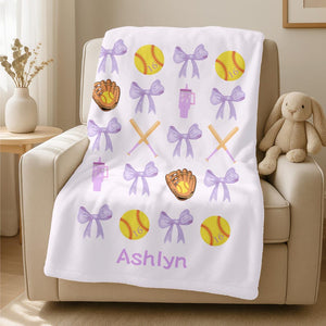 Personalized Softball Name Blanket,Custom Softball Team Blanket,Coquette Bow Baseball Blanket,Softball Mom Blanket,Softball Player Name Gift