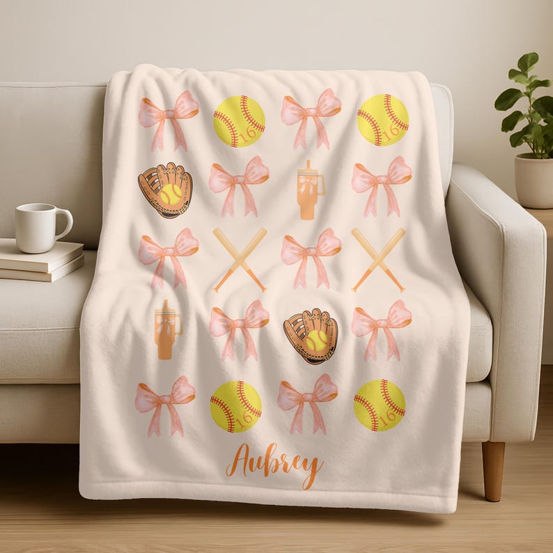 Personalized Softball Name Blanket,Custom Softball Team Blanket,Coquette Bow Baseball Blanket,Softball Mom Blanket,Softball Player Name Gift