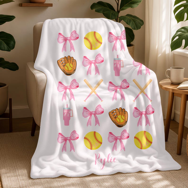 Personalized Softball Name Blanket,Custom Softball Team Blanket,Coquette Bow Baseball Blanket,Softball Mom Blanket,Softball Player Name Gift