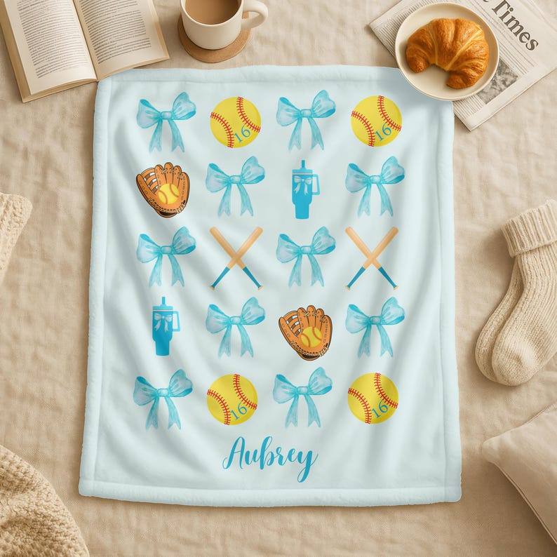 Personalized Softball Name Blanket,Custom Softball Team Blanket,Coquette Bow Baseball Blanket,Softball Mom Blanket,Softball Player Name Gift