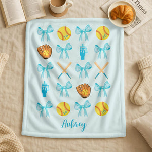 Personalized Softball Name Blanket,Custom Softball Team Blanket,Coquette Bow Baseball Blanket,Softball Mom Blanket,Softball Player Name Gift