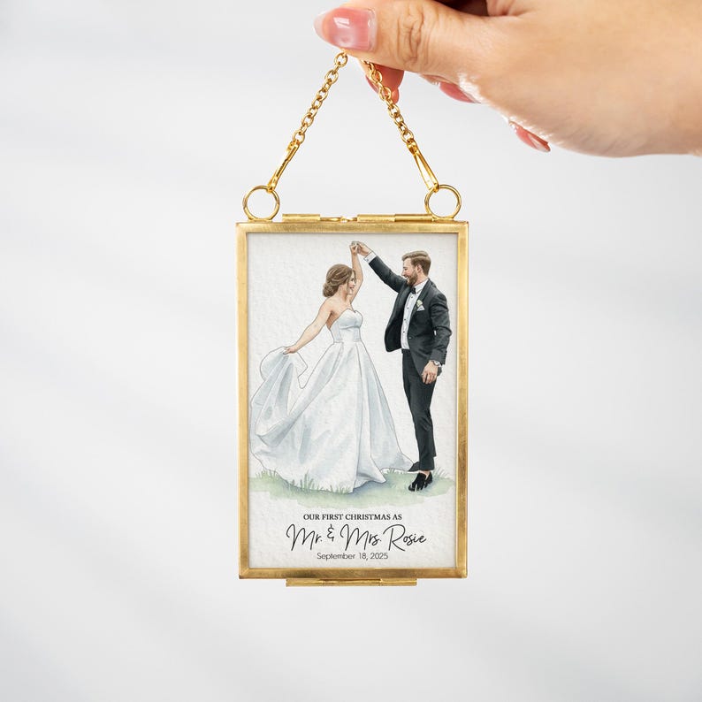 Personalized Watercolor Portrait Married Frame Ornament, 1st Christmas Wedding Photo Gifts for Newlywed