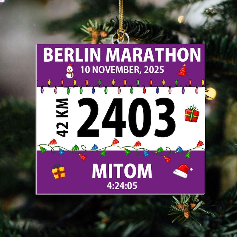 Personalized Race Bib Christmas Ornament, Cross Country Marathon Runner Gifts, Custom Running Christmas Tree Decor, Gift for Marathon Lovers