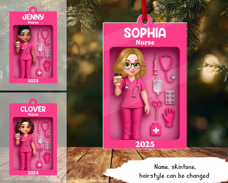 Personalized Nurse In Toy Box 2D Flat Acrylic Ornament, Pink Scrubs Christmas Decoration, Gift for Nurses, Healthcare Workers & Medical Staff