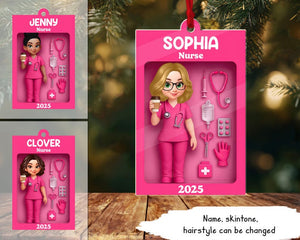 Personalized Nurse In Toy Box 2D Flat Acrylic Ornament, Pink Scrubs Christmas Decoration, Gift for Nurses, Healthcare Workers & Medical Staff