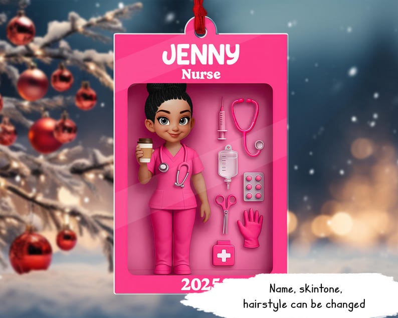 Personalized Nurse In Toy Box 2D Flat Acrylic Ornament, Pink Scrubs Christmas Decoration, Gift for Nurses, Healthcare Workers & Medical Staff
