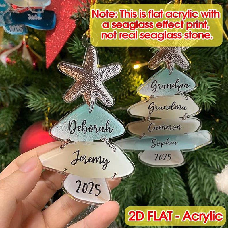 Personalized Family Sea Glass Effect 2D FLAT Acrylic Ornament, Custom Name Ocean Style Family Keepsake, Holiday Gift For Beach Lovers