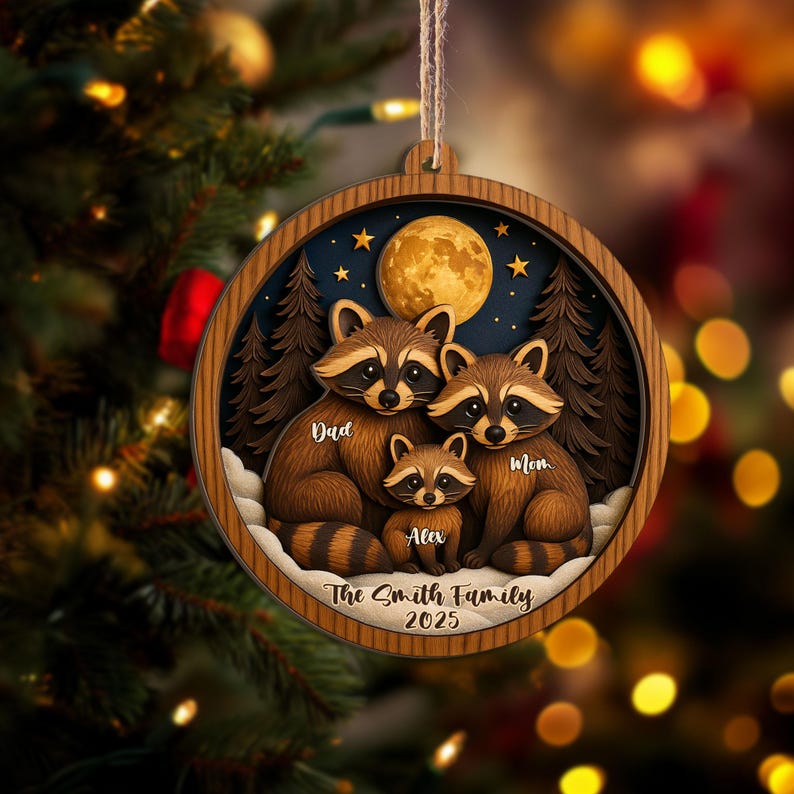 Personalized Raccoon Family Layered Wood Ornament, Custom Name Christmas Tree Ornament, Woodland Animal Home Decor, Holiday Gift for Family