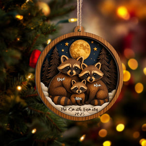 Personalized Raccoon Family Layered Wood Ornament, Custom Name Christmas Tree Ornament, Woodland Animal Home Decor, Holiday Gift for Family