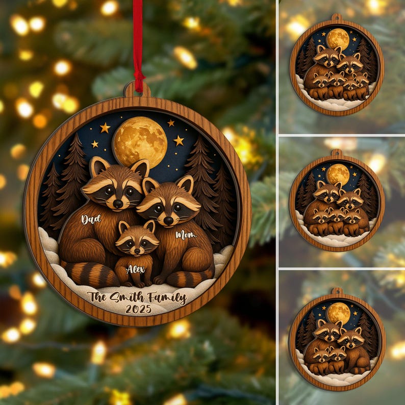Personalized Raccoon Family Layered Wood Ornament, Custom Name Christmas Tree Ornament, Woodland Animal Home Decor, Holiday Gift for Family