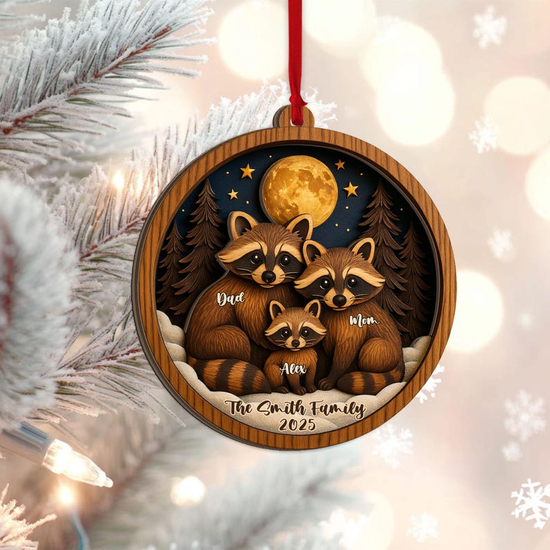 Personalized Raccoon Family Layered Wood Ornament, Custom Name Christmas Tree Ornament, Woodland Animal Home Decor, Holiday Gift for Family