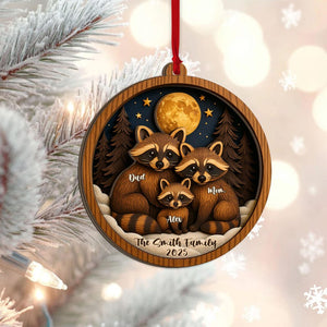 Personalized Raccoon Family Layered Wood Ornament, Custom Name Christmas Tree Ornament, Woodland Animal Home Decor, Holiday Gift for Family