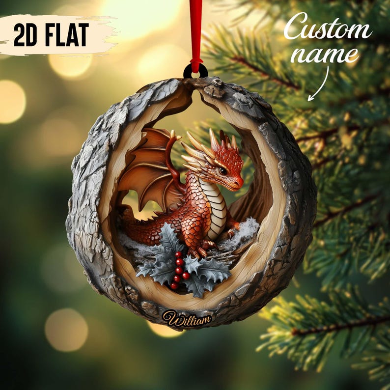 Custom Name Fire Dragon in Snowy Hollow 2D Flat Printed Wooden Ornament Fantasy Dragon Christmas Tree Decor, Not 3D,Dragon Lover Gift 2025