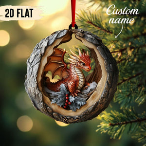 Custom Name Fire Dragon in Snowy Hollow 2D Flat Printed Wooden Ornament Fantasy Dragon Christmas Tree Decor, Not 3D,Dragon Lover Gift 2025