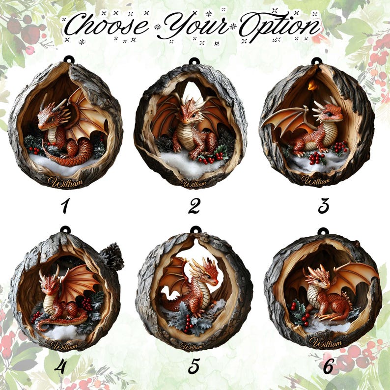 Custom Name Fire Dragon in Snowy Hollow 2D Flat Printed Wooden Ornament Fantasy Dragon Christmas Tree Decor, Not 3D,Dragon Lover Gift 2025