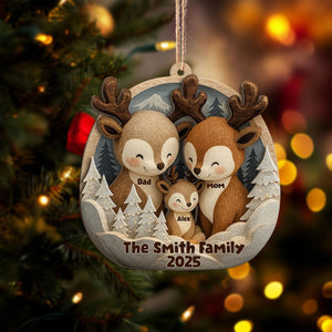 Personalized Deer Family Layered Wood Ornament, Custom Reindeer Christmas Tree Ornament, Woodland Animal Home Decor, Holiday Gift for Family