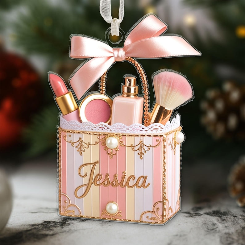 Custom Makeup Ornament with Name, Personalized Beauty Brush Christmas Tree Decoration Special Gift for Makeup Lovers, Her
