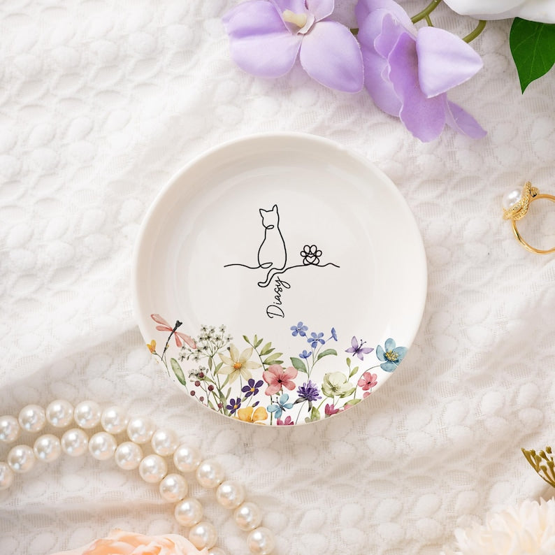 Custom Cat Floral Ring Dish,Personalized Cat With Name Jewelry Dish,Cat Lover Gift,Unique Cat Lover Present,Gift for Cat Owner Pet Lover