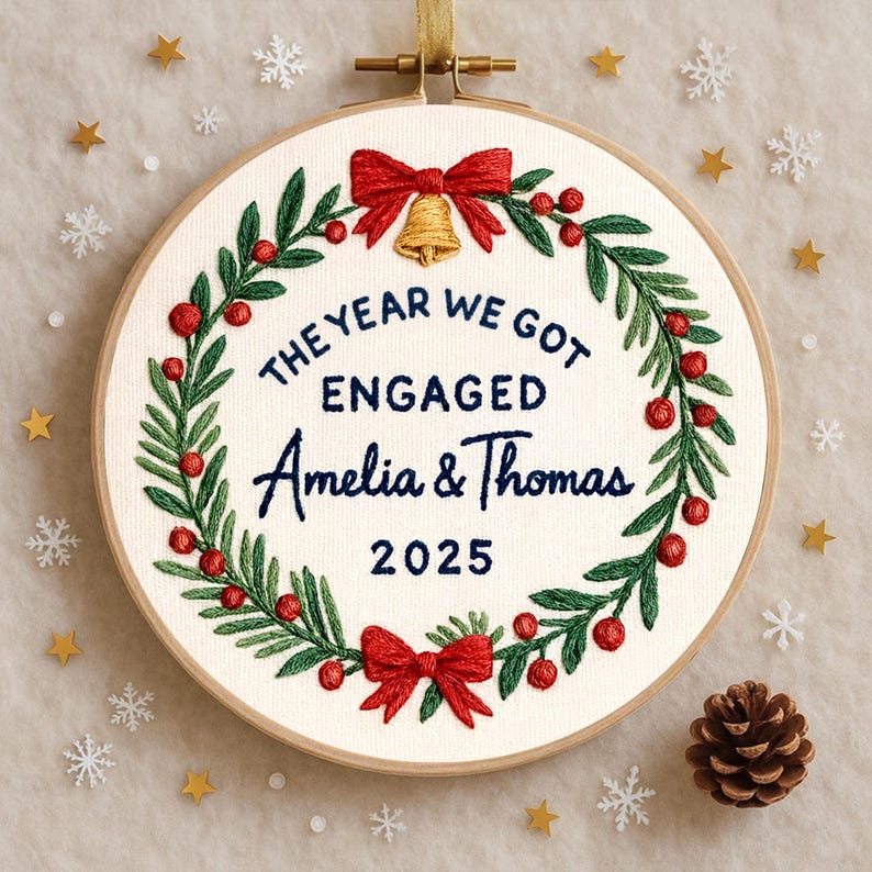 Personalized Embroidery Engagement Ornament, The Year We Got Engaged Ornament, Custom Couple Name Hoop, Engaged Christmas Gift for Couple