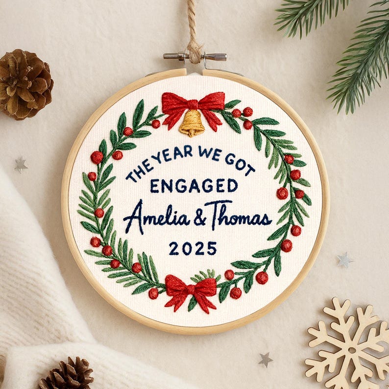 Personalized Embroidery Engagement Ornament, The Year We Got Engaged Ornament, Custom Couple Name Hoop, Engaged Christmas Gift for Couple