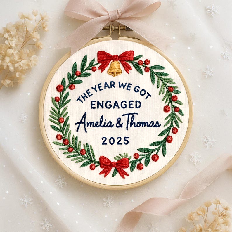 Personalized Embroidery Engagement Ornament, The Year We Got Engaged Ornament, Custom Couple Name Hoop, Engaged Christmas Gift for Couple