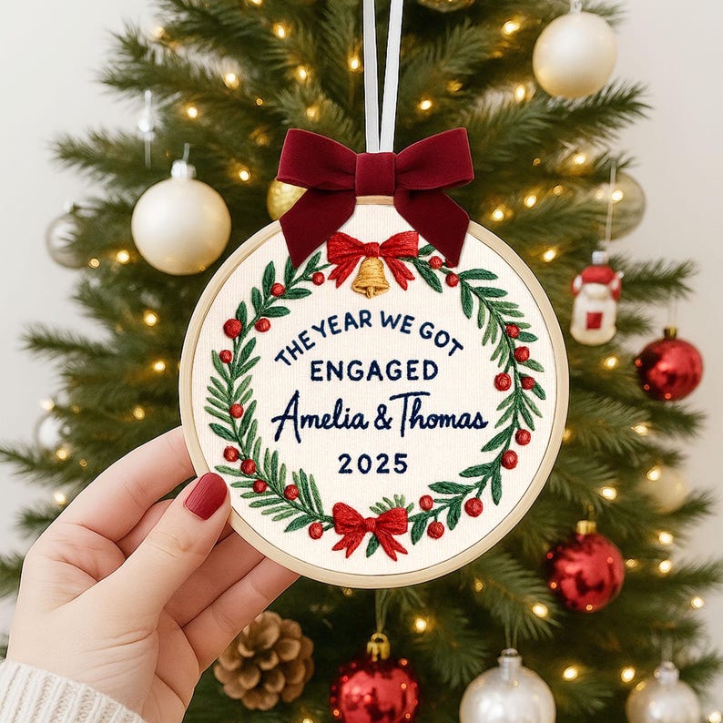 Personalized Embroidery Engagement Ornament, The Year We Got Engaged Ornament, Custom Couple Name Hoop, Engaged Christmas Gift for Couple