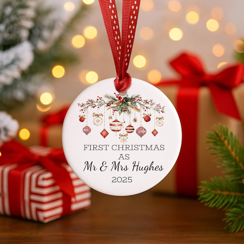 Personalised First Christmas Married Bauble, Ceramic Mr & Mrs Keepsake Ornament, Couples Gift, Son Daughter Wedding Gift