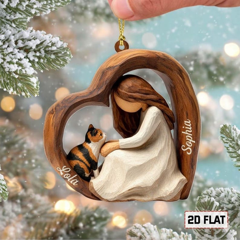 Personalized 2D Flat Faux Wood Cat Lover Acrylic Ornament Custom Girl and Cat Heart Ornament, Keepsake Gift for Cat Owners