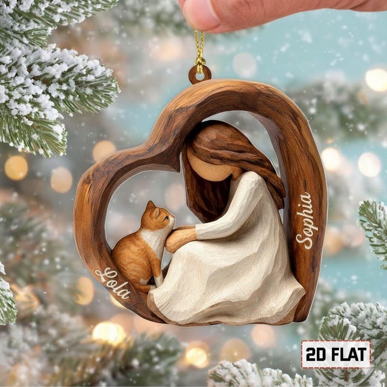 Personalized 2D Flat Faux Wood Cat Lover Acrylic Ornament Custom Girl and Cat Heart Ornament, Keepsake Gift for Cat Owners