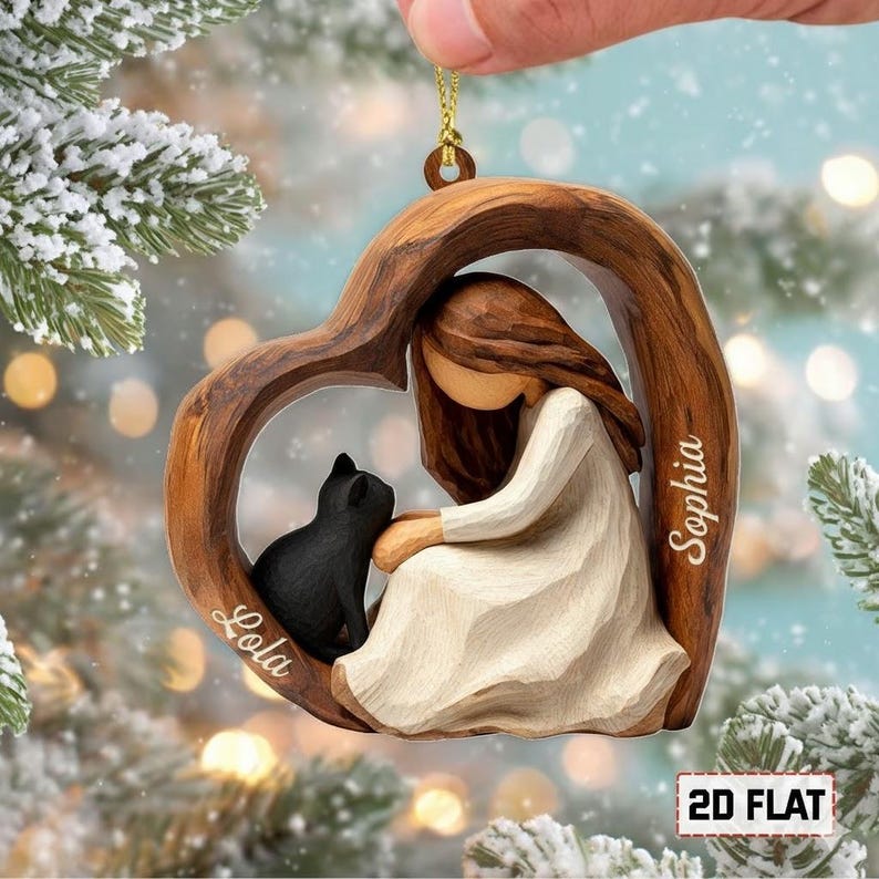 Personalized 2D Flat Faux Wood Cat Lover Acrylic Ornament Custom Girl and Cat Heart Ornament, Keepsake Gift for Cat Owners