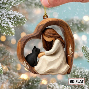 Personalized 2D Flat Faux Wood Cat Lover Acrylic Ornament Custom Girl and Cat Heart Ornament, Keepsake Gift for Cat Owners