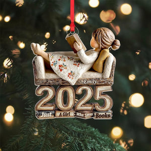 Custom Name Book Lover Ornament 2025, Personalized Reading Girl Keepsake, 2D Flat Acrylic Ornament, Just A Girl Who Loves Books Gift