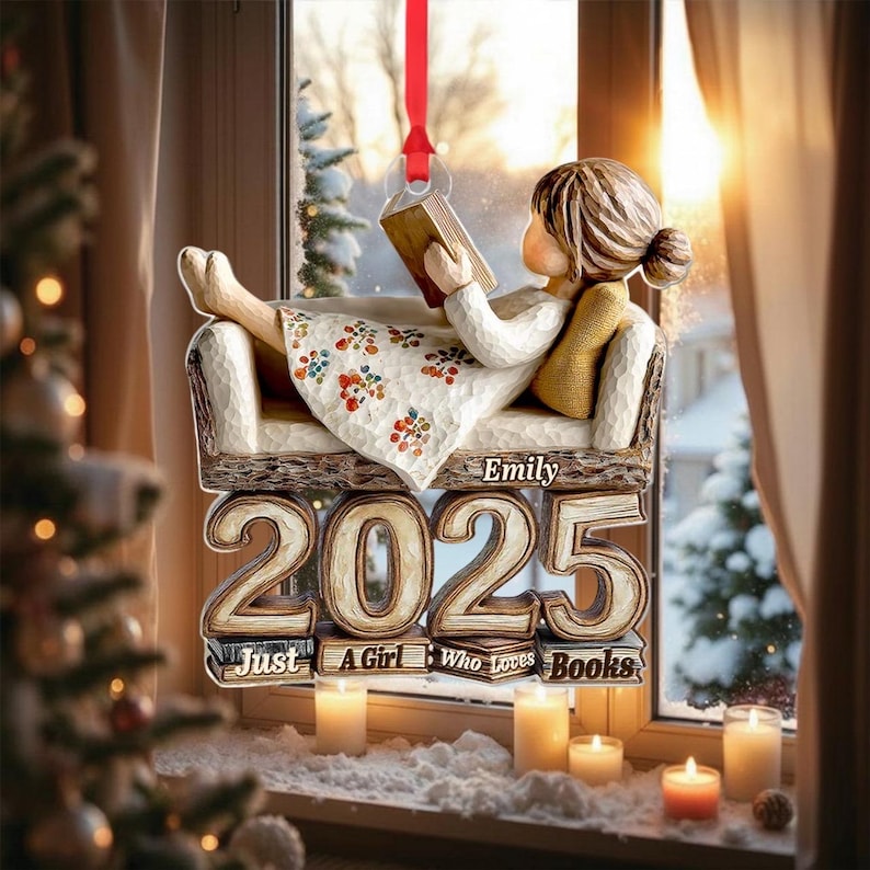 Custom Name Book Lover Ornament 2025, Personalized Reading Girl Keepsake, 2D Flat Acrylic Ornament, Just A Girl Who Loves Books Gift