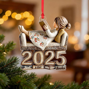 Custom Name Book Lover Ornament 2025, Personalized Reading Girl Keepsake, 2D Flat Acrylic Ornament, Just A Girl Who Loves Books Gift