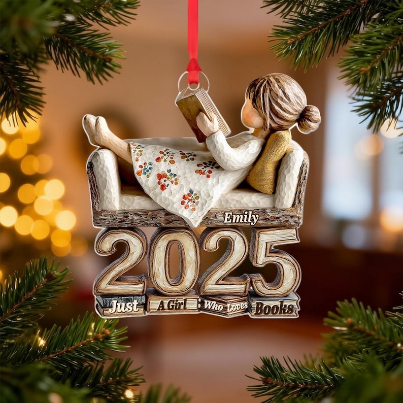 Custom Name Book Lover Ornament 2025, Personalized Reading Girl Keepsake, 2D Flat Acrylic Ornament, Just A Girl Who Loves Books Gift