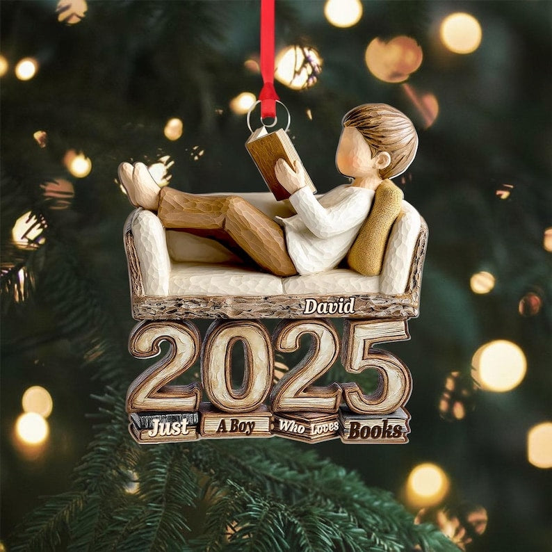 Custom Name Book Lover Ornament 2025, Personalized Reading Boy Keepsake, 2D Flat Acrylic Ornament, Just A Boy Who Loves Books Gift