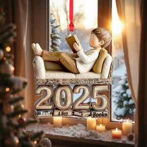 Custom Name Book Lover Ornament 2025, Personalized Reading Boy Keepsake, 2D Flat Acrylic Ornament, Just A Boy Who Loves Books Gift