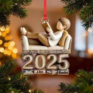 Custom Name Book Lover Ornament 2025, Personalized Reading Boy Keepsake, 2D Flat Acrylic Ornament, Just A Boy Who Loves Books Gift
