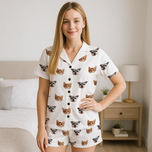 Custom Photo Pajama Set, Personalized Face or Pet Print Short Sleeve PJs, Matching Family Sleepwear, Fun Christmas Gift for Couples