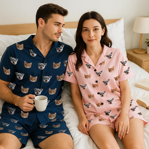 Custom Photo Pajama Set, Personalized Face or Pet Print Short Sleeve PJs, Matching Family Sleepwear, Fun Christmas Gift for Couples