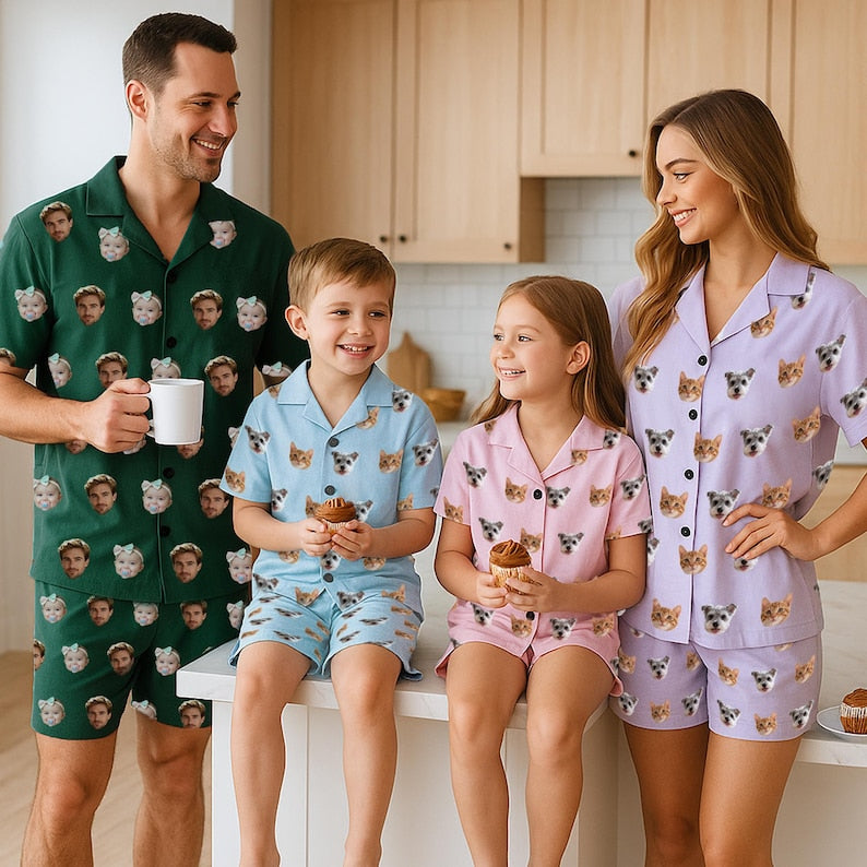 Custom Photo Short Sleeve Pajamas, Personalized Face or Pet Print PJs, Matching Couples or Family Sleepwear, Fun Christmas Gift