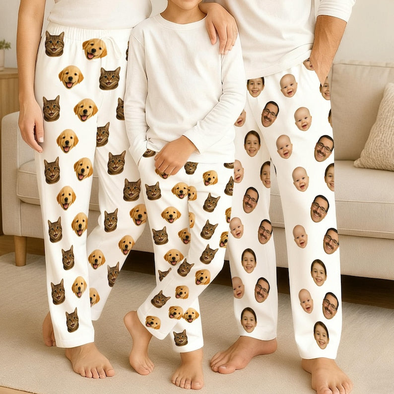 Custom Photo Short Sleeve Pajamas, Personalized Face or Pet Print PJs, Matching Couples or Family Sleepwear, Fun Christmas Gift
