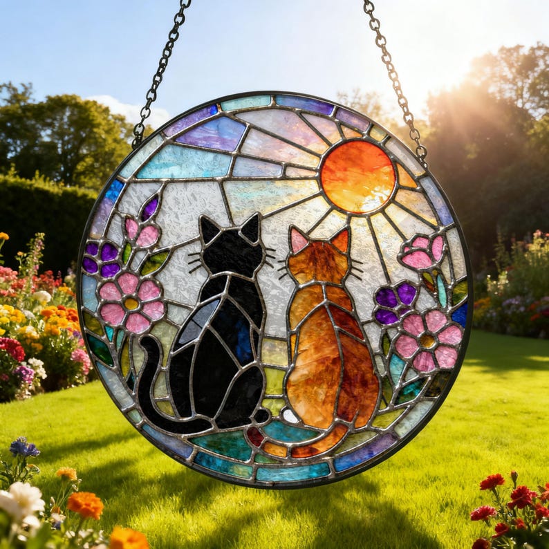 Charming Black Orange Cat Couple Garden Suncatcher Stained Glass Dog Pet Window Hanging Glass Ornament Mom Gift