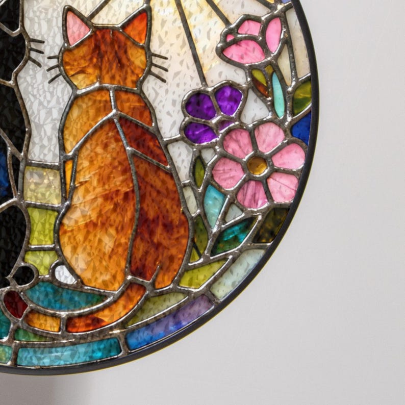 Charming Black Orange Cat Couple Garden Suncatcher Stained Glass Dog Pet Window Hanging Glass Ornament Mom Gift