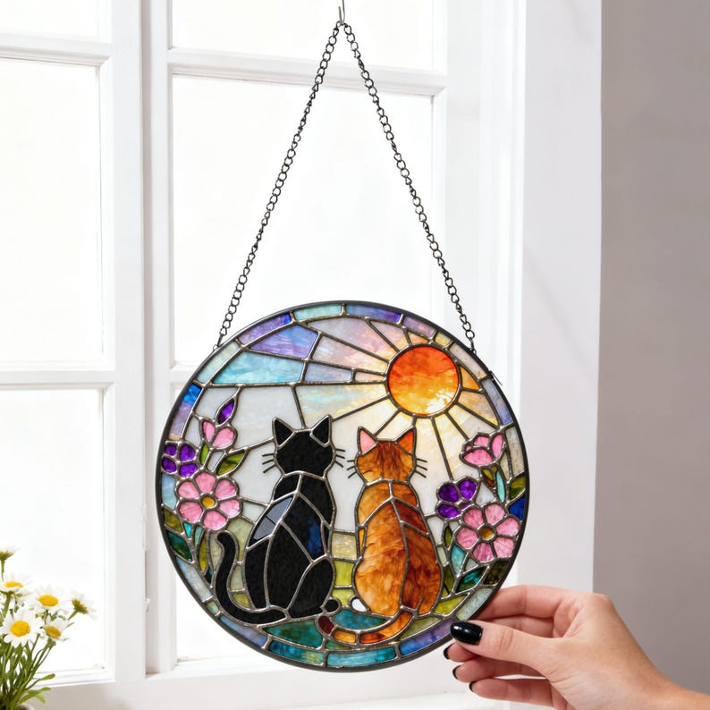 Charming Black Orange Cat Couple Garden Suncatcher Stained Glass Dog Pet Window Hanging Glass Ornament Mom Gift