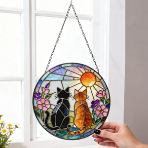 Charming Black Orange Cat Couple Garden Suncatcher Stained Glass Dog Pet Window Hanging Glass Ornament Mom Gift