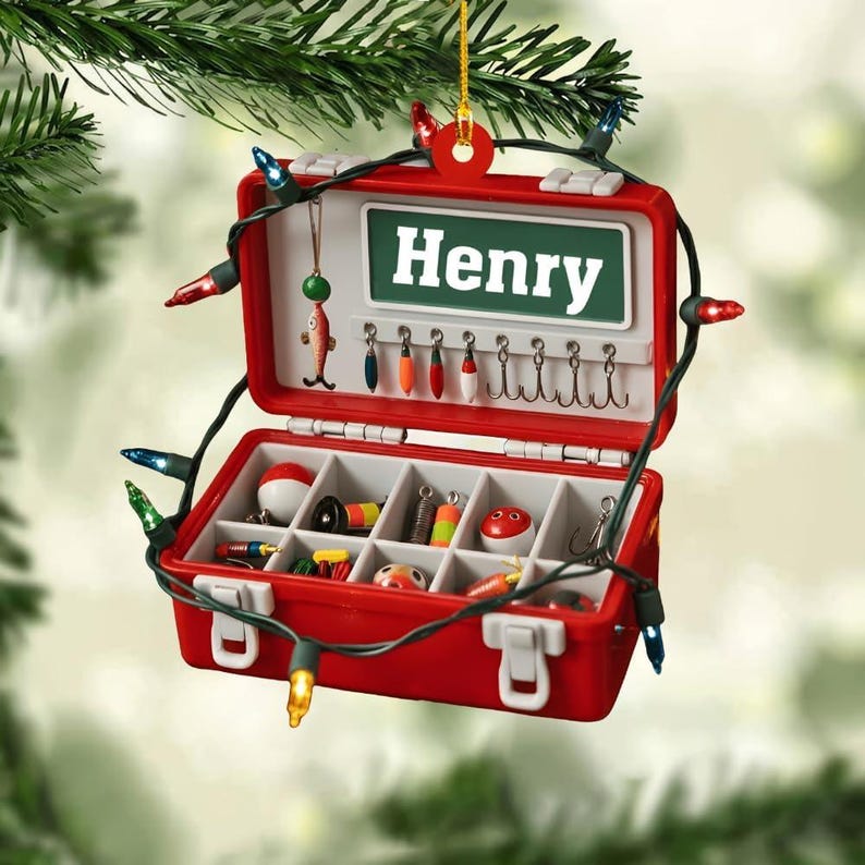 Fishing Tackle Box Ornament 2025, Personalized Fishing 2D Flat Ornaments for Christmas Tree